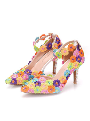 Colored Lace Stiletto Heels Pointed Sandals