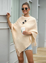 Fringe Button Half Collar Pullover Cape Shawl
