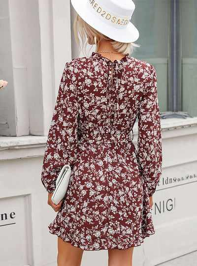 Lace Pleated Long Sleeve Round Neck Print Dress