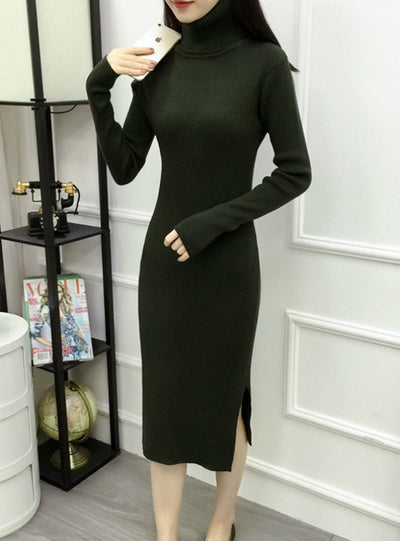 Women's Turtleneck Ribbed Long Sleeve Knit Sweater Dress