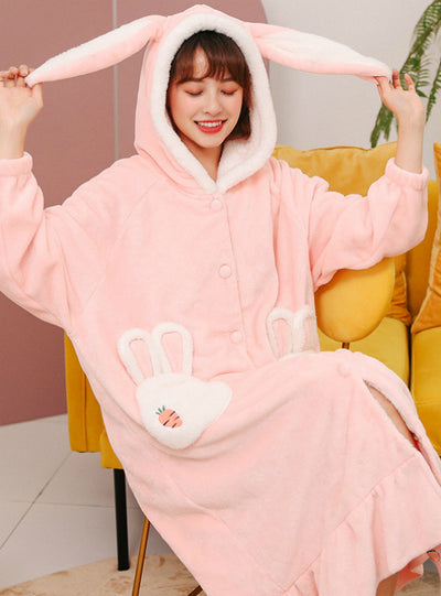 Pink Rabbit Thickened Coral Fleece Long Robe
