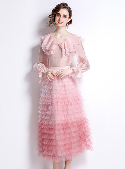 Pink Ruffled Top+Mesh Layer Cake Skirt Suit