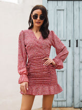 Pleated V-neck Flounce Printed Chiffon Dress