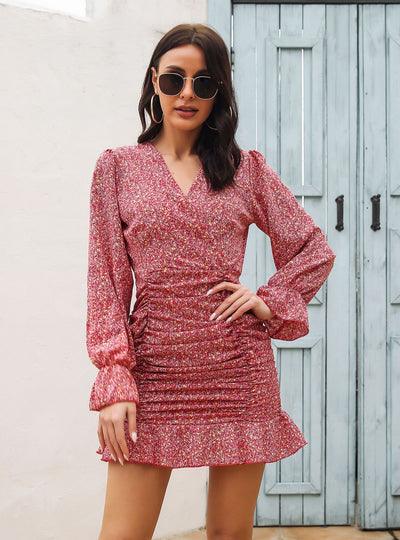 Pleated V-neck Flounce Printed Chiffon Dress