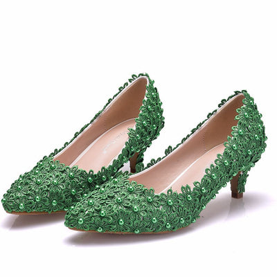 Lace Pointed Low-heeled Wedding Shoes