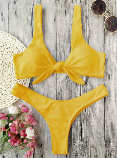 Women Knotted Padded Thong Bikini Mid Waisted 