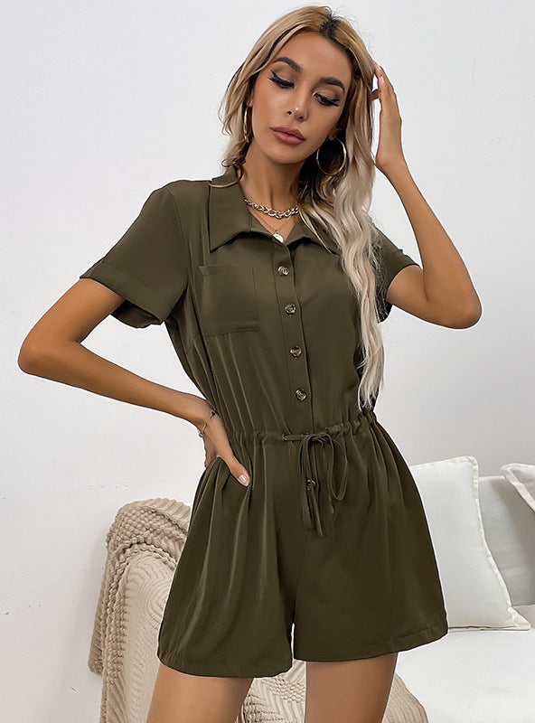 Loose Short Sleeve Drawstring Lapel Wide Leg Jumpsuit