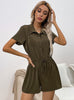 Loose Short Sleeve Drawstring Lapel Wide Leg Jumpsuit