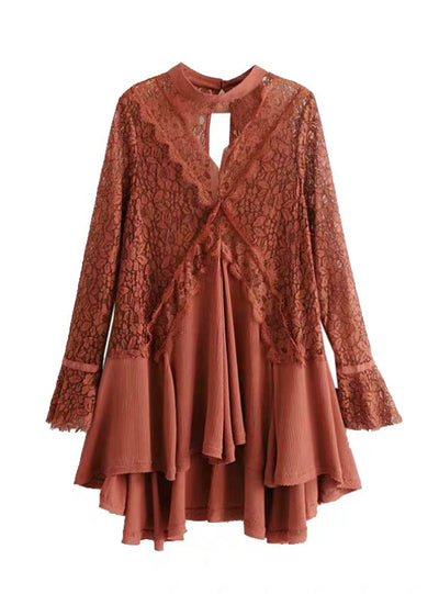 V-Neck Lace Cute Hollow Out Mini Female Dress