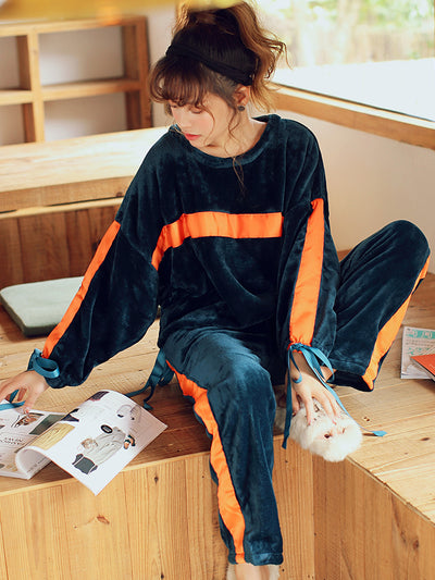 Dark Green Ribbon Coral Fleece Pajamas Women Thickened Warm Flannel