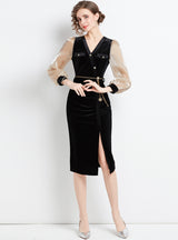 V-neck Split Black Velvet Dress