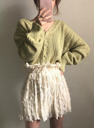 Low V-Neck Knit Tops Long Sleeve Hollow Out Cardigan