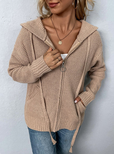 Hooded Zipper Drawstring Pocket Sweater Coat