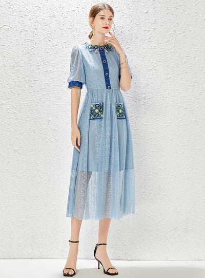 Retro Blue Bubble Sleeve Lace Embroidery Stitching Dress