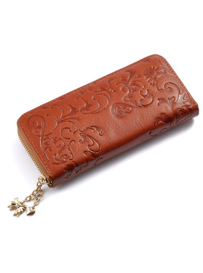 Genuine Leather Women Long Purse Flower Embossing 