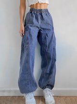Tight Waist Wide Leg Button Patch Leg Pants