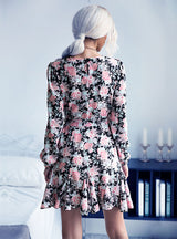 Long Sleeve Flower Print Flounce Dress
