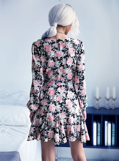 Long Sleeve Flower Print Flounce Dress