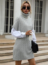 Solid Color Twist Knitted Turtleneck Vest Sweater Dress
