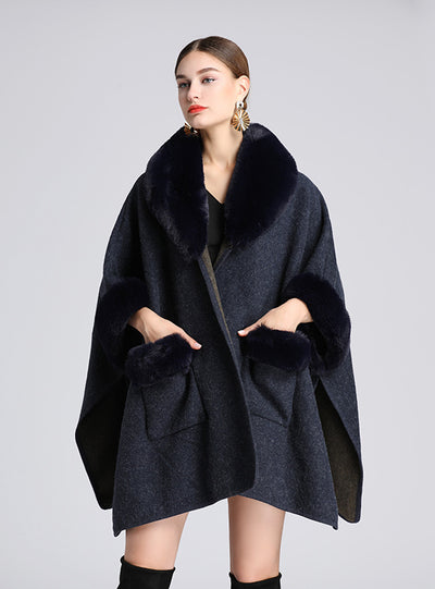 New Fur Collar Shawl Cloak Loose Woolen Coat Cardigan