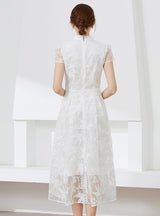 Lace Embroidered Short Sleeve High Neck Dress