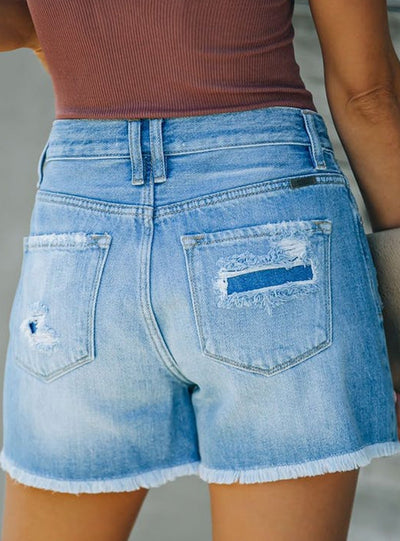 Hole Patch Tassel Breasted Denim Shorts