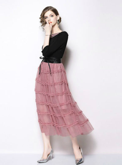 Pink 3/4 Sleeve Mesh Long Dress With Sash