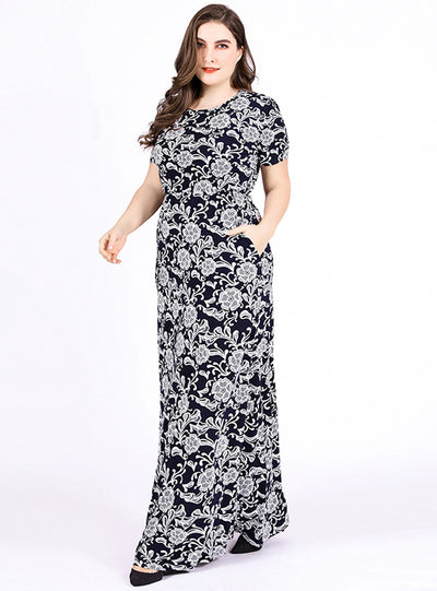 Retro Short Sleeve Printed High Waist Dress