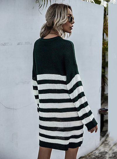 Pullover Sweater Round Neck Striped Knit Dress