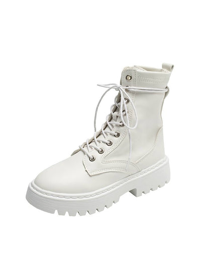 Women PU Leather Ankle Boots Round Toe Lace Up Shoes