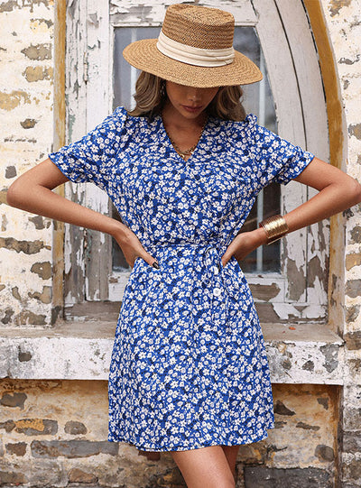 Floral High Waist Slim V-neck Dress