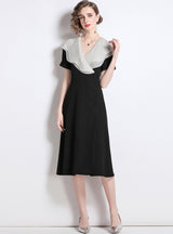 V neck Vintage Flounce Lapel Dress