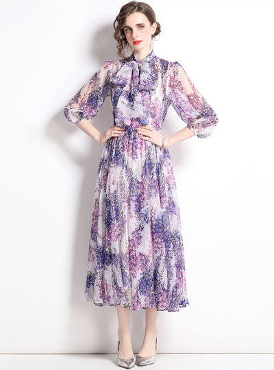 Bow Tie Collar Long Sleeve Waist Floral Chiffon Dress