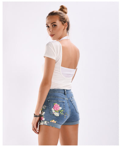 3D Embroidered Flower Denim Shorts