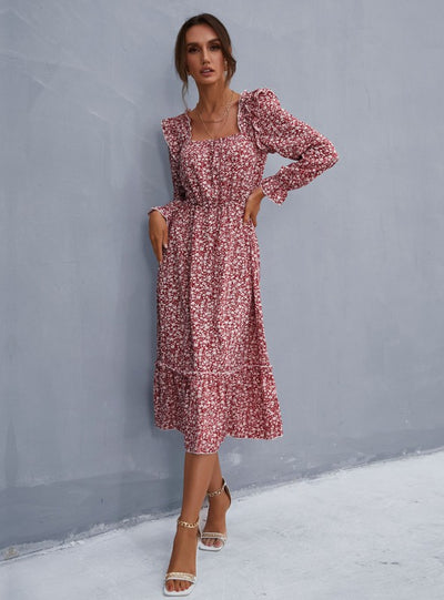 Floral Square Collar Long Sleeve Chiffon Flounce Dress