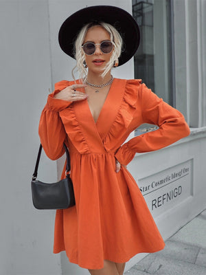 Long Sleeve V-neck Solid Color Dress