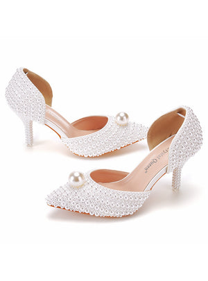 7 cm Pointy High-heeled Pearl Beaded Bridal Shoes