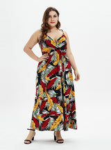 High Waist V-neck Beach Print Sling Dress