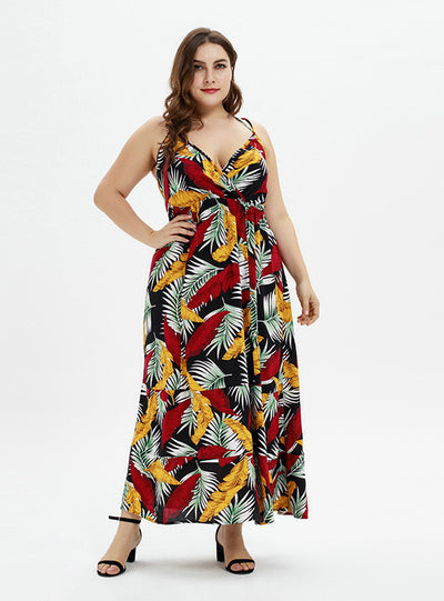 High Waist V-neck Beach Print Sling Dress