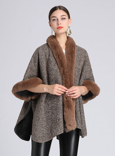 Fur-padded Faux Rex Rabbit Fur Collar Shawl Cape