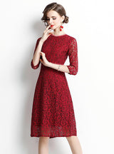 Red 3/4 Sleeve Lace Slim Dress