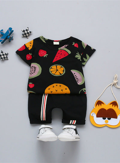 Cartoon Printed Fruit Short Sleeve T shirt+Pants Boy Suit
