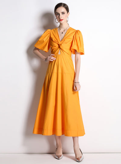 Orange Bubble Sleeve High Waist Dress