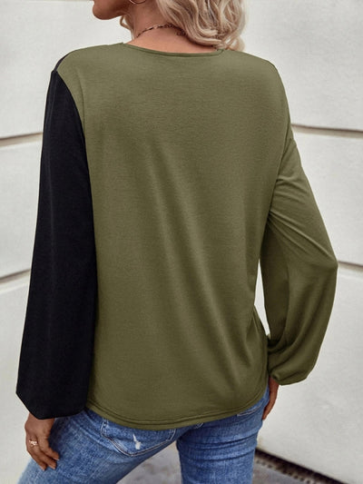 Loose Pocket Stitching Contrast Long Sleeve T-shirt