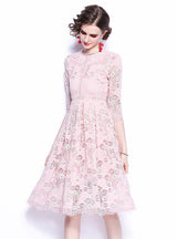 Round Neck Openwork Lace 3/4 Sleeves Dress