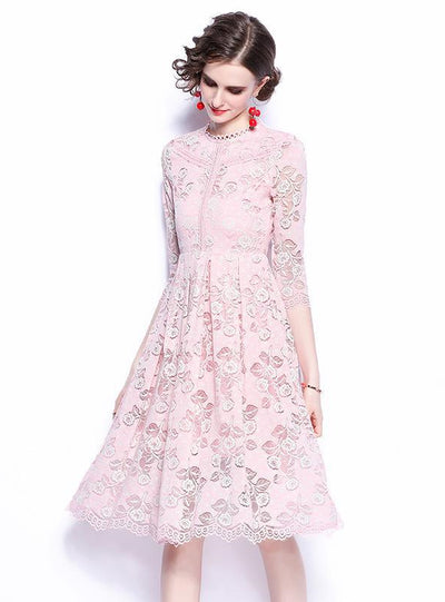 Round Neck Openwork Lace 3/4 Sleeves Dress