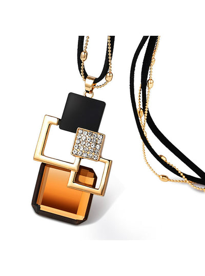 Sweater Chain Length Crystal Pendant Necklace