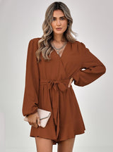 V-neck Long Sleeve Solid Color Casual Jumpsuit