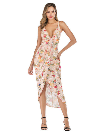 Sexy Suspender Backless Printed Sequined Dress