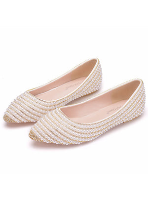 White Gold Chain Pearl Flat Wedding Shoes